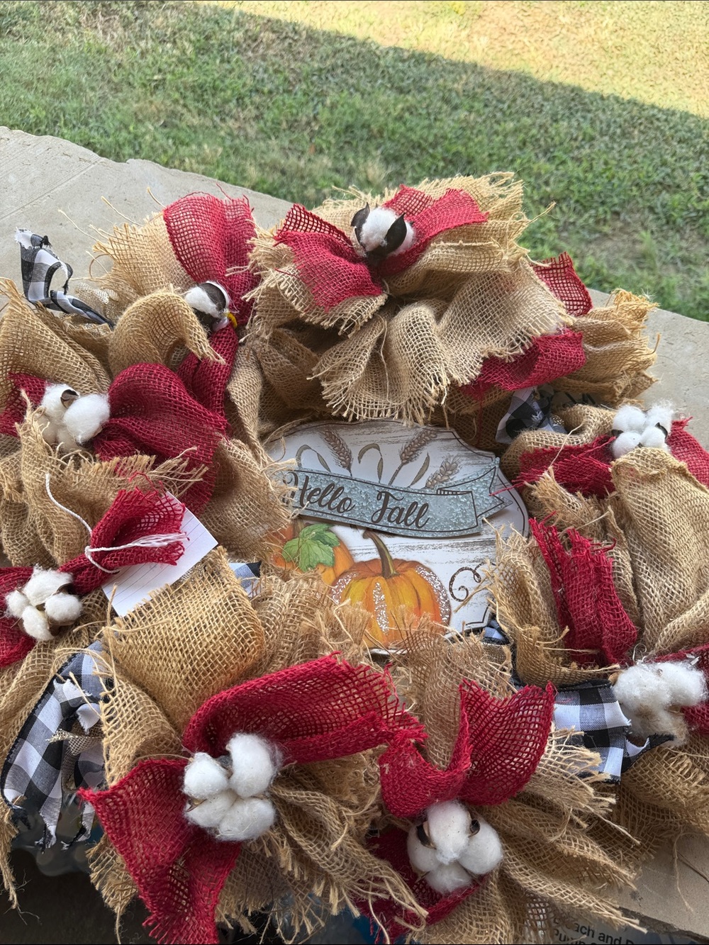Hello Fall Burlap Wreath with Red Accents